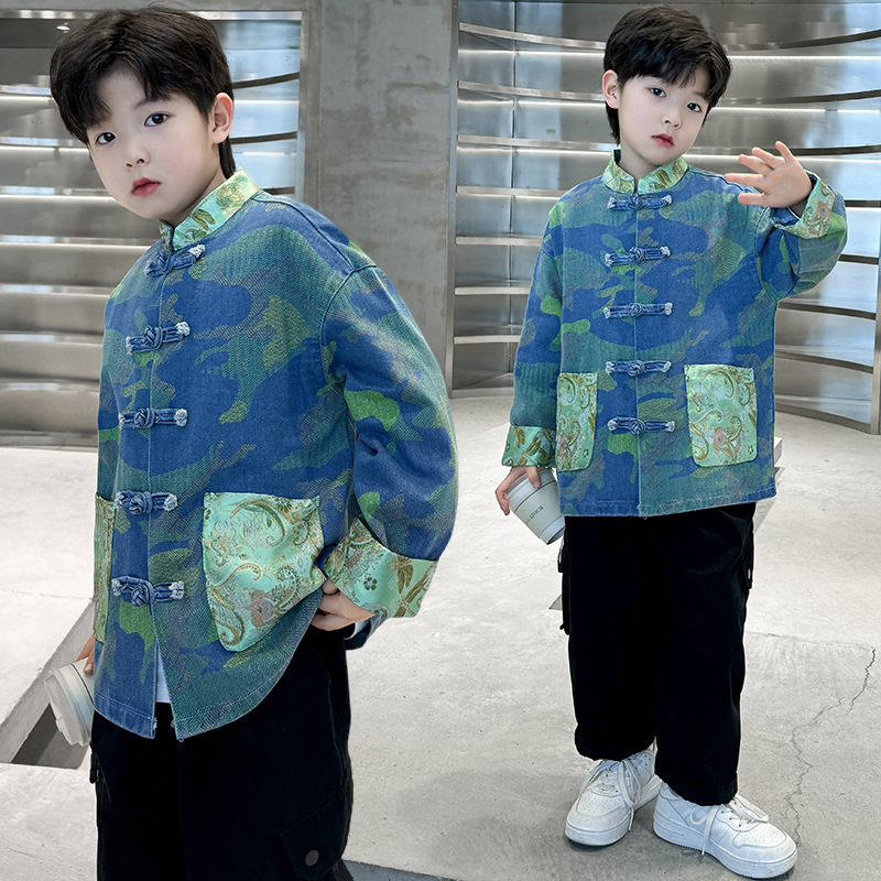 Tang suit boy denim jacket spring and autumn 2024 new baby spring outfit Chinese children ancient costume Chinese style Hanfu