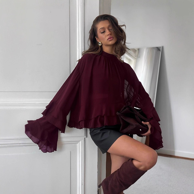 European and American Palace Style Brown Ruffled Chiffon Top for Women Autum High-End Lace Stand-Up Collar Shirt Commuter Women's Clothing