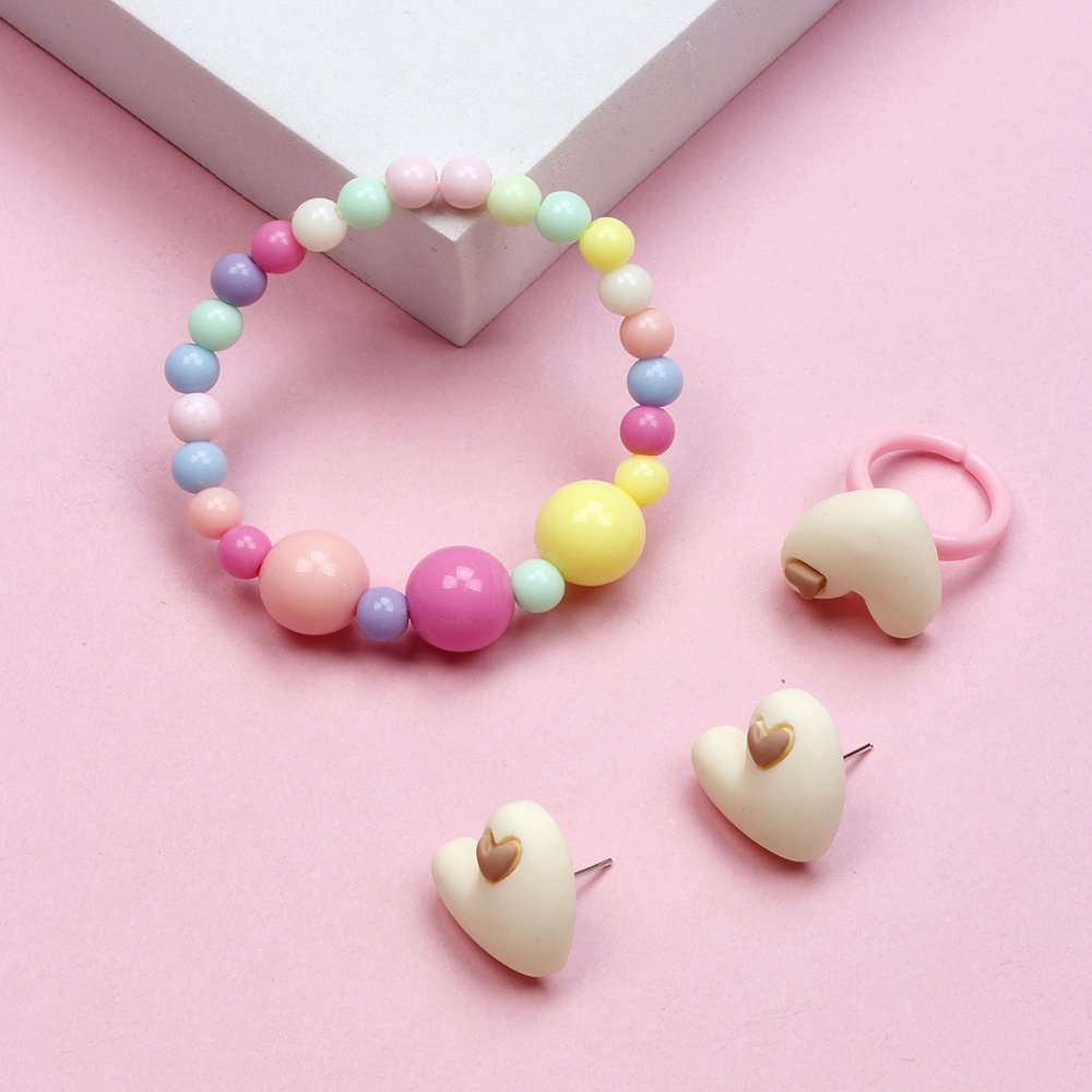 Cute Heart Shape Resin Beaded No Inlaid Rings Bracelets Earrings 3 Piece Set