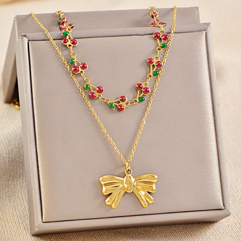 Casual, Daily Occasion 304 Stainless Steel Material Cherry, Bow Knot Pattern PVD Coated Real Gold Plated Cherry Bow Knot Stainless Steel Sweet Waterproof Non Tarnish Titanium Steel Double Layer Necklaces
