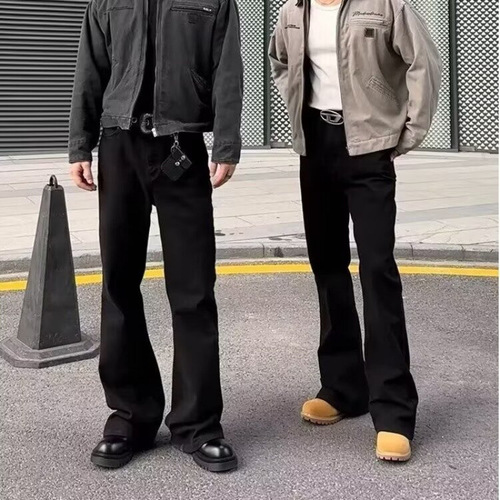 Water Washed Spring and Autumn New Micro Elastic Long Pants Regular Mid Waist Japanese Trend Black Straight Leg Pants Micro Slit Denim Men Youth