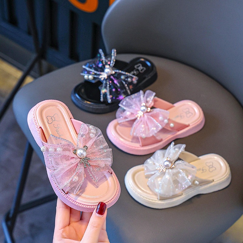 Zapatillas de malla de encaje de niñas de verano nuevas niñas con suela suave de perlas zapatos de princesa de tacones planos de moda casera