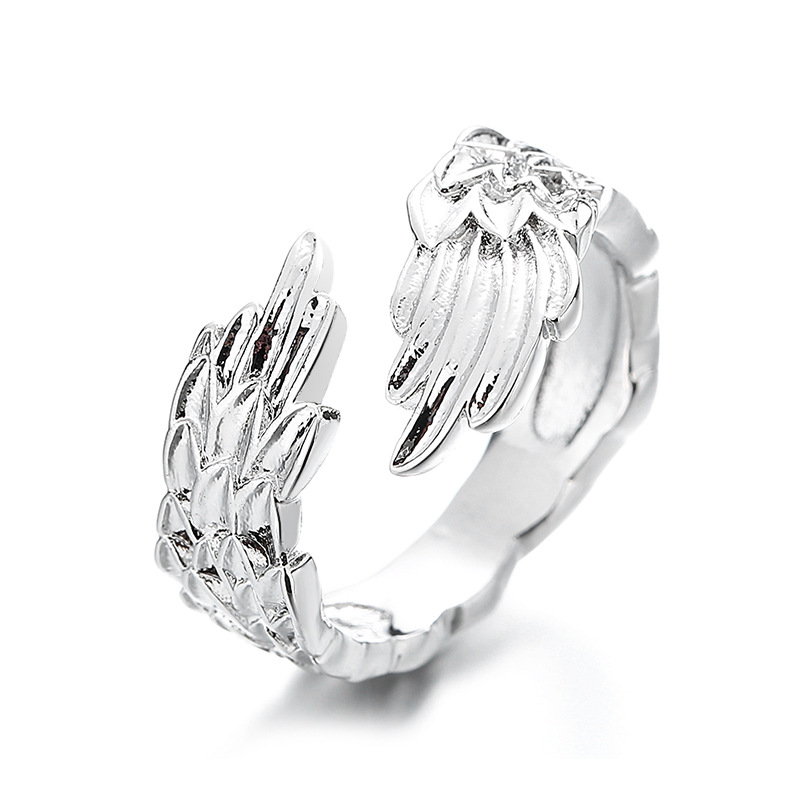 Wind plated silver opening feather wing ring, adjustable couple ring_voghion.com