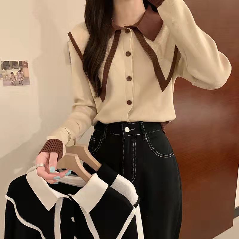 Factory spot autumn and winter doll collar lapel short long sleeve knitted bottoming cardigan women's elegant top women's fashion