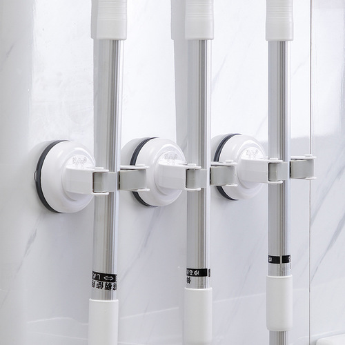 Japanese House Story Bathroom Mop Rack Powerful Storage Mop Clip No Punch Suction Cup Wall-mounted Broom Rack