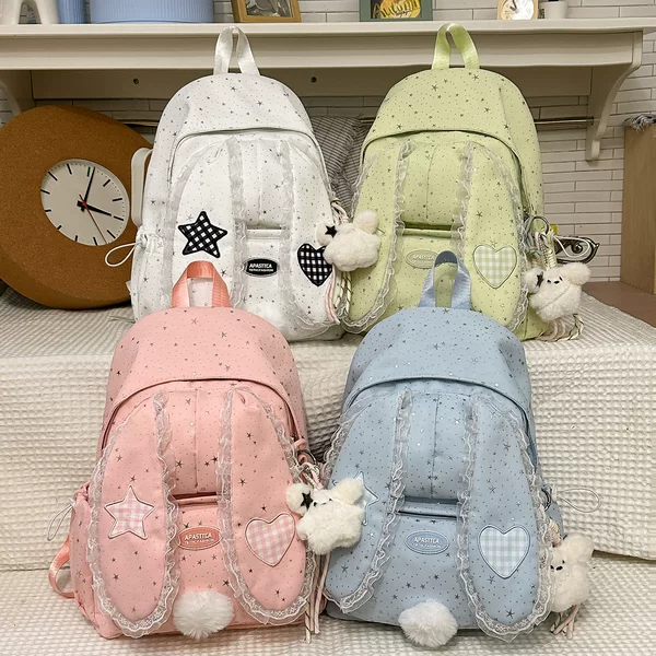 Polka Dot Lace Trim Rabbit Ears Star Heart Handbag Backpack New Soft Cute Sweet Girl Commuting Backpack