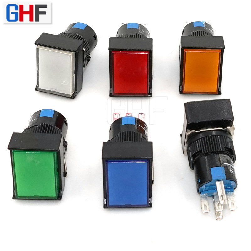 方头带灯塑料按钮开关12V/24V/110V 220V自锁自复位AB6-M开孔16mm