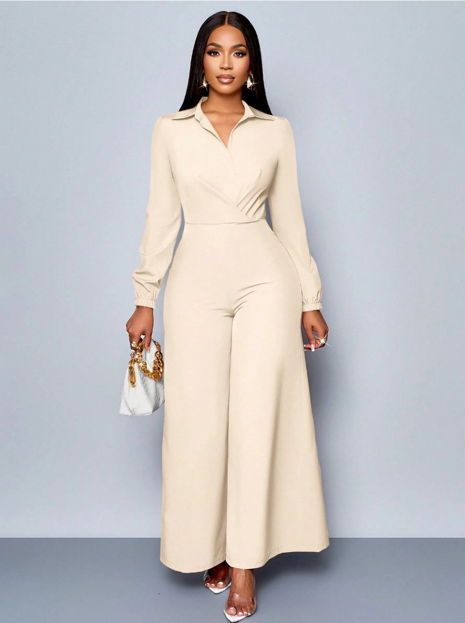 2025 otoño nuevo comercio exterior Europa y Estados Unidos ropa de mujer de color sólido manga larga collar cintura delgada piernas anchas pantalones