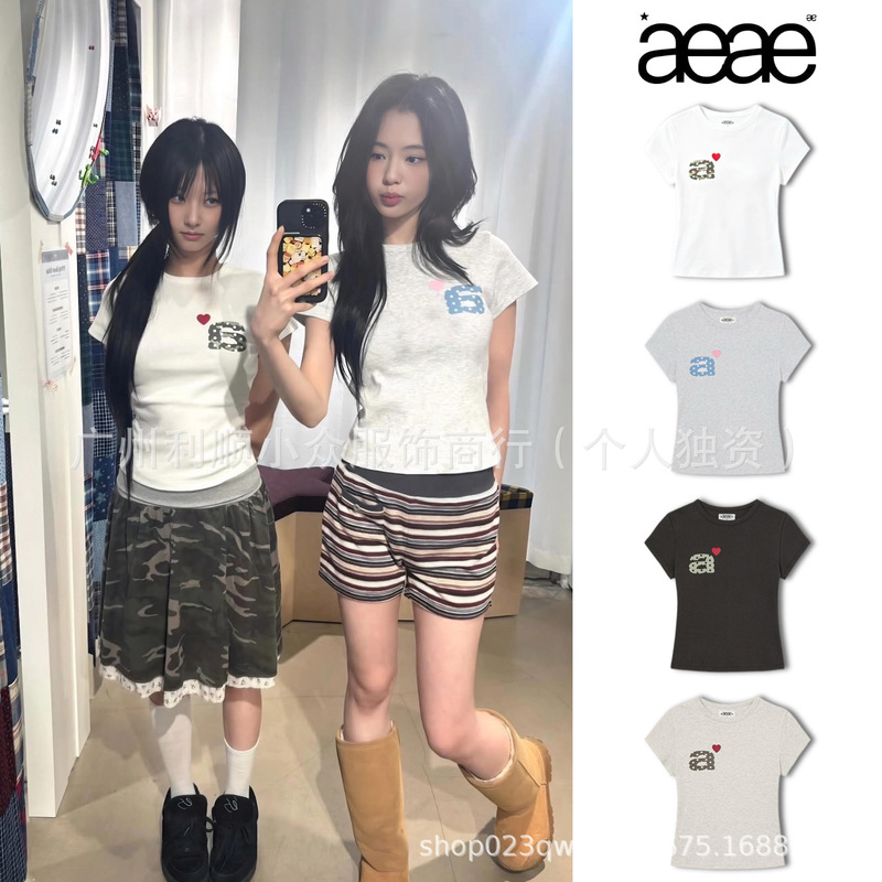[in Stock] Korean Aeae Slim-Fit Short-Sleeve T-Shirt for Women, New 26-Style Color Combination with Heart Letter Print Top