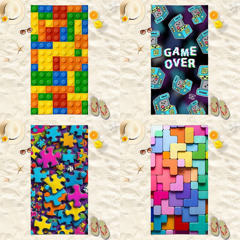 Cross-Border Hot-Selling Trendy Game Controller Building Block Colorful Printed Microfiber Absorbent Beach Towel Outdoor Swimming Towel