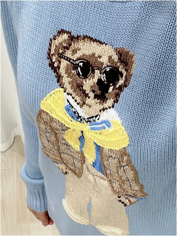 ポニー ~ 秋冬新作定番ポニー刺繍スカイブルーシンプル黄色スカーフベアーニットセーター|undefined