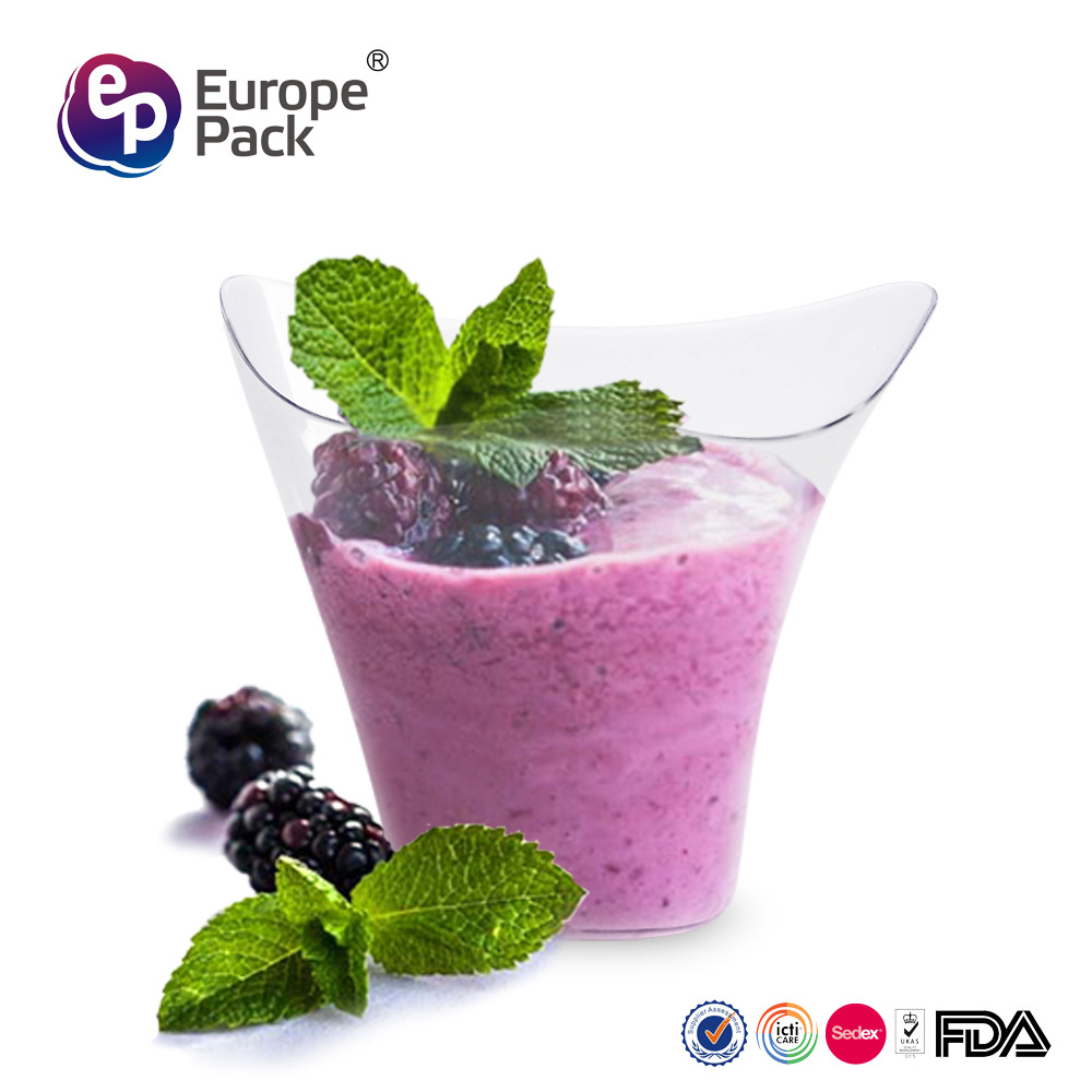 Copa de mousse desechable Taza de postre PS Taza de plástico Taza de pudín Taza redonda de punto de fábrica Taza cuadrada