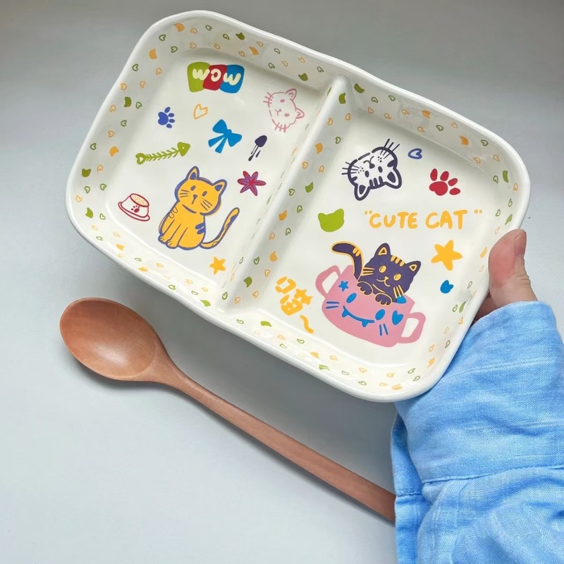 かわいい漫画のセラミックプレート家庭用ラウンドディッシュプレート分割プレートインスタイル朝食プレート一人用食器脂肪低減プレート|undefined