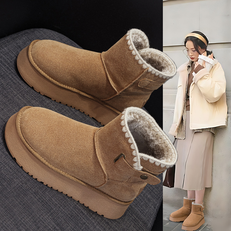 毛线编制V口雪地靴女2025厚底侧扣加绒加厚休闲防寒小个子雪地棉