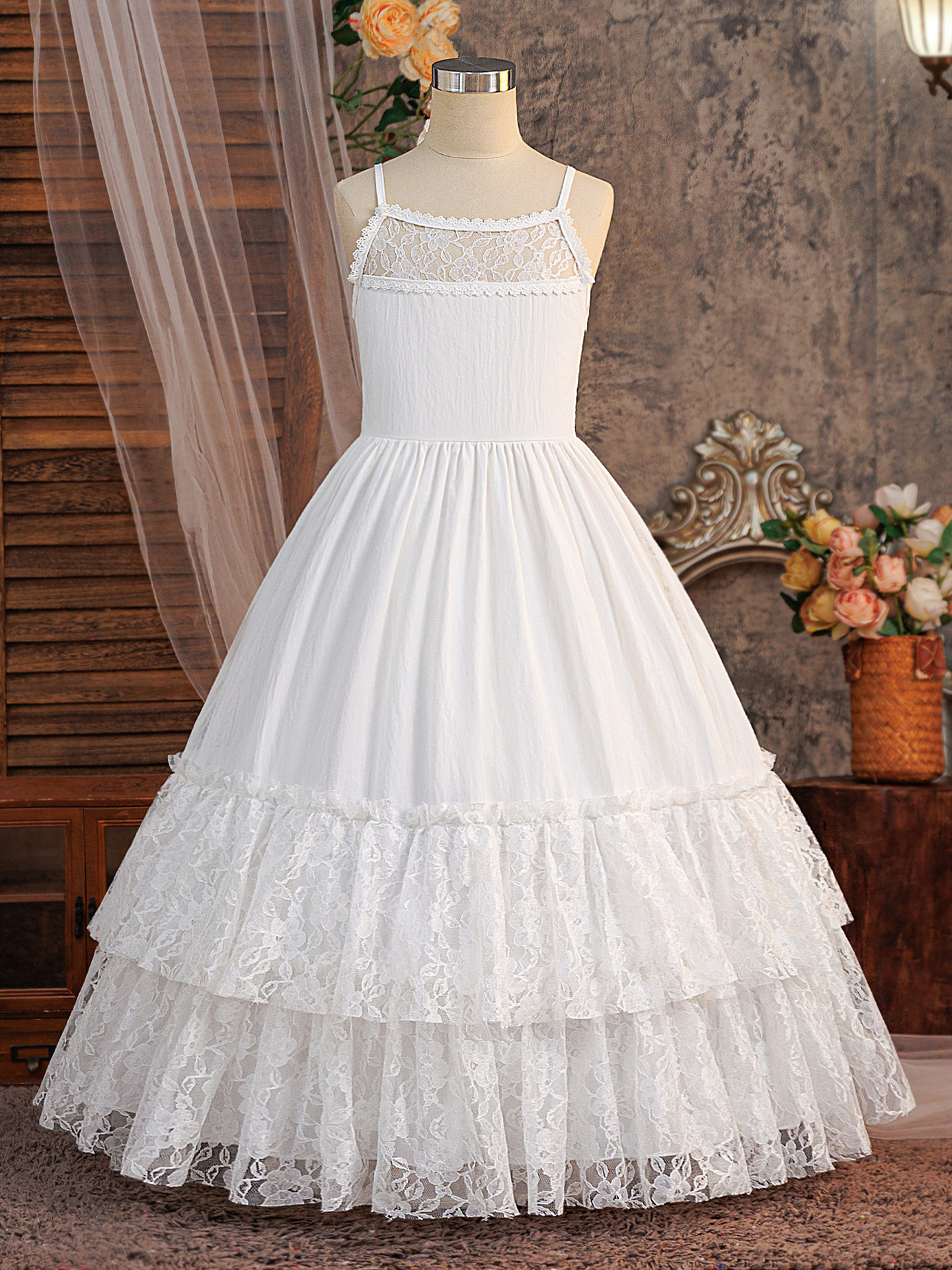 Vestido de niña blanco sin mangas de encaje esling vestido de espalda baja ropa de niños viajes casuales vacaciones vestido de princesa