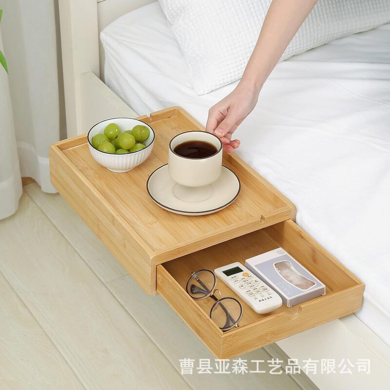 Bamboo Wood Bedside Tray Bedroom Coffee Breakfast Tray with Drawer Storage Rack Bedside Clip Tablet PC Support Rack