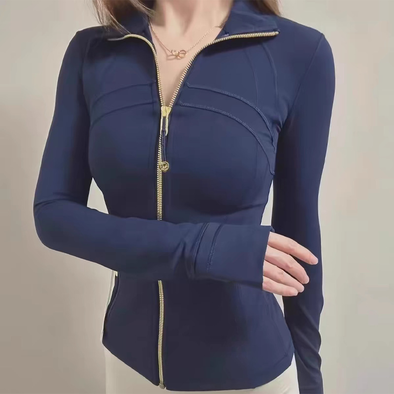 Lulu Style Gold Zipper Fitness Yoga Stand Collar Jacket for Women, Slim Fit Cardigan Top, Tight-Fitting Long-Sleeve Outerwear Lulu Style Gold Zipper Fitness Yoga Stand Collar Jacket for Women, Slim Fit Cardigan Top, Tight-Fitting Long-Sleeve Outerwear