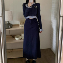 气质时尚学院风女秋季新款设计感假两件针织衫毛衣高腰半身裙套装