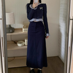 气质时尚学院风女秋季新款设计感假两件针织衫毛衣高腰半身裙套装