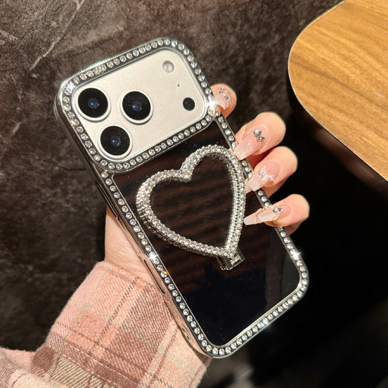Love Mirror Stand Suitable for Samsung S26Ultra Mobile Phone Case S25Plus Rhinestone S24 Super Popular Women's Model S23+