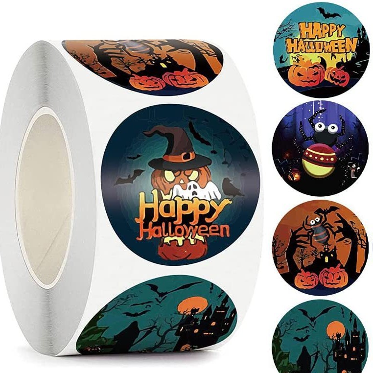 卷装贴纸圣诞节万圣节标签贴纸 圆形贴儿童卡通贴纸