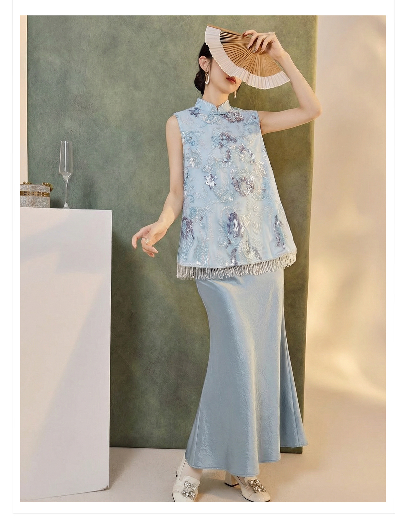 Áo gile nữ thêu sequin tua rua phong cách tân cổ điển xuân hè — xanh lam, màu mơ chi tiết 16