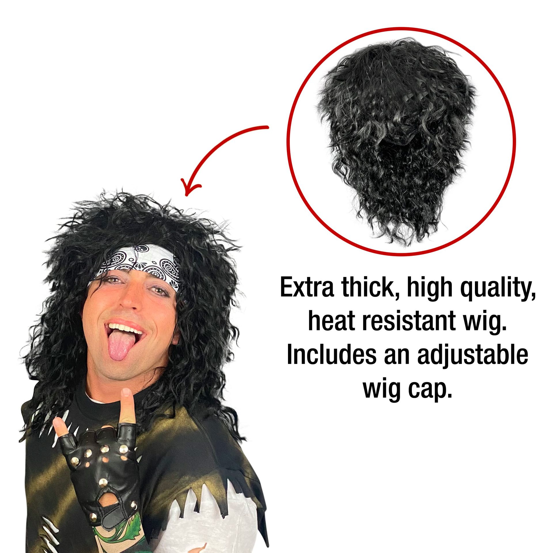 Pelo rockero metal traje peluca con tela Paisley diadema, cubierta del tatuaje y guantes de ciclismo