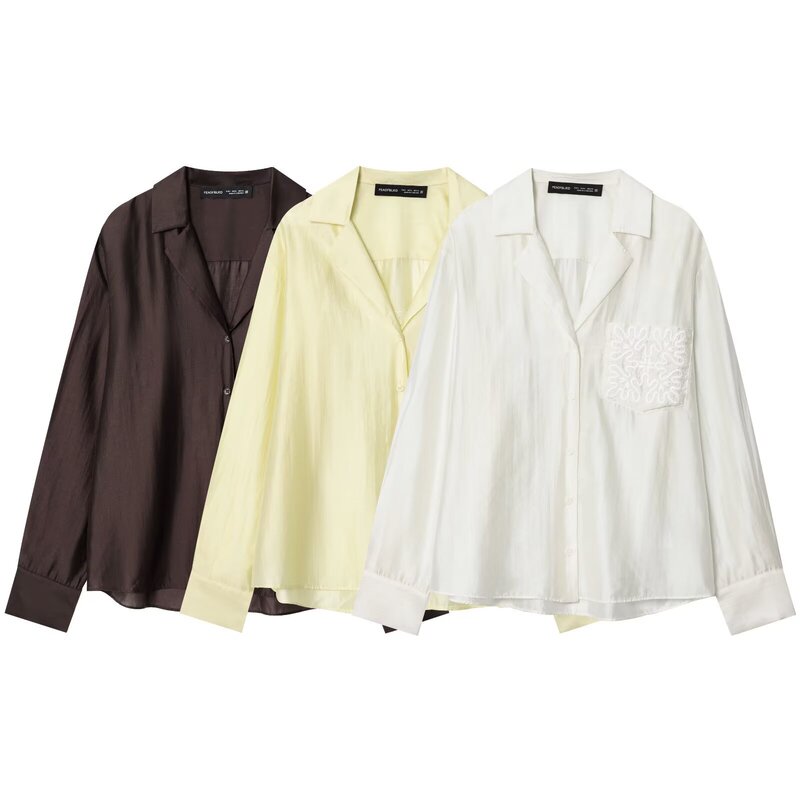 Cross-Border Export Women's Clothing 2025 Autumn European and American Style Lapel Long-Sleeved Embroidered Flap Pocket Pants Shirt Top Y13-23375