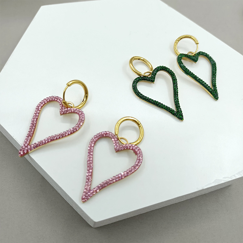 Fashion Heart Shape Stainless Steel Hollow Out Zircon Drop Earrings 1 Pair