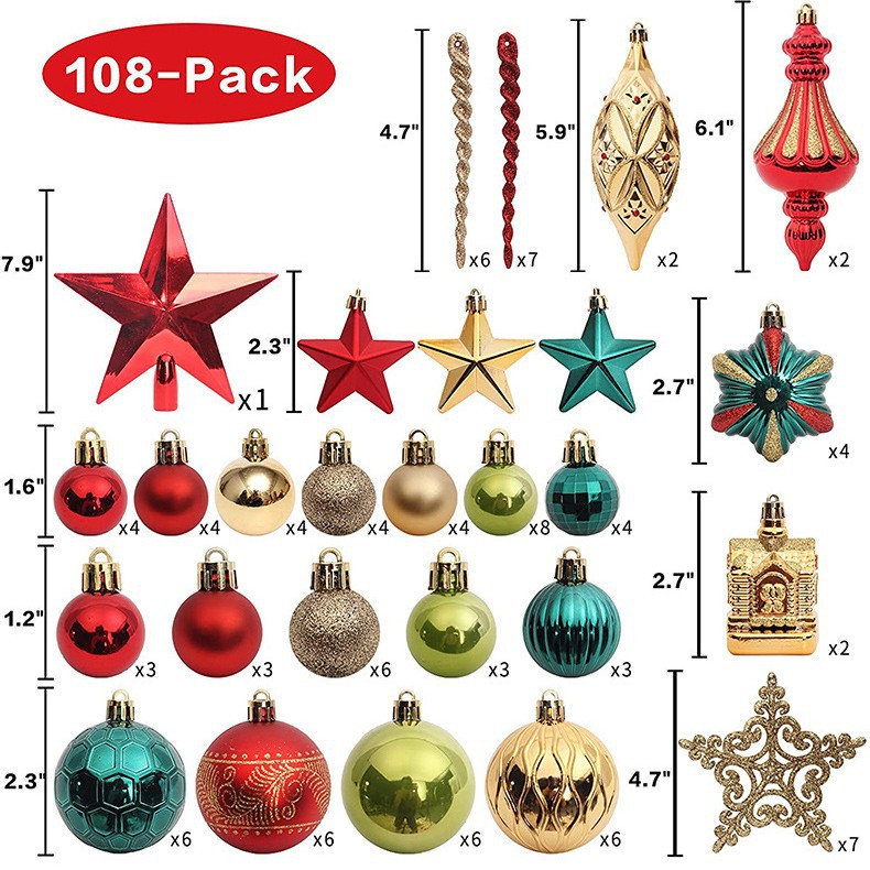 108PCS Navidad colgante bola de color decoración de árbol estrella de color de color de Navidad colgante de color de color de Navidad