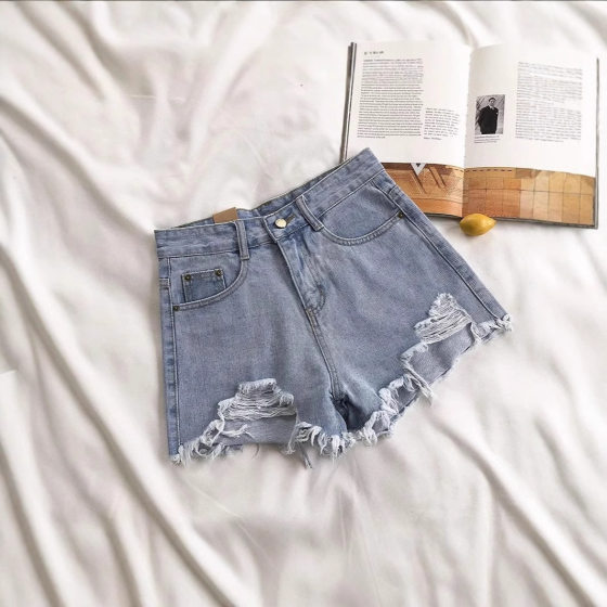 Daifa Rearing High Waist Denim Shorts Women's Summer 2024 All-match Slim-fit A- shaped Pants with Rouge and Rearing Wide-leg Pants for Women