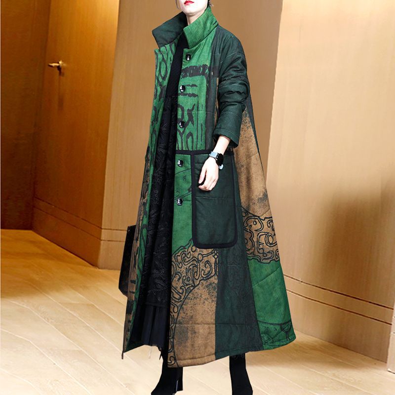 年冬季新款棉服外套女中长款夹棉加厚棉衣中国民族风印花大衣