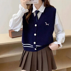 慕兔学院风套装女秋2025新款坎肩针织马甲背心叠穿长袖衬衫两件套