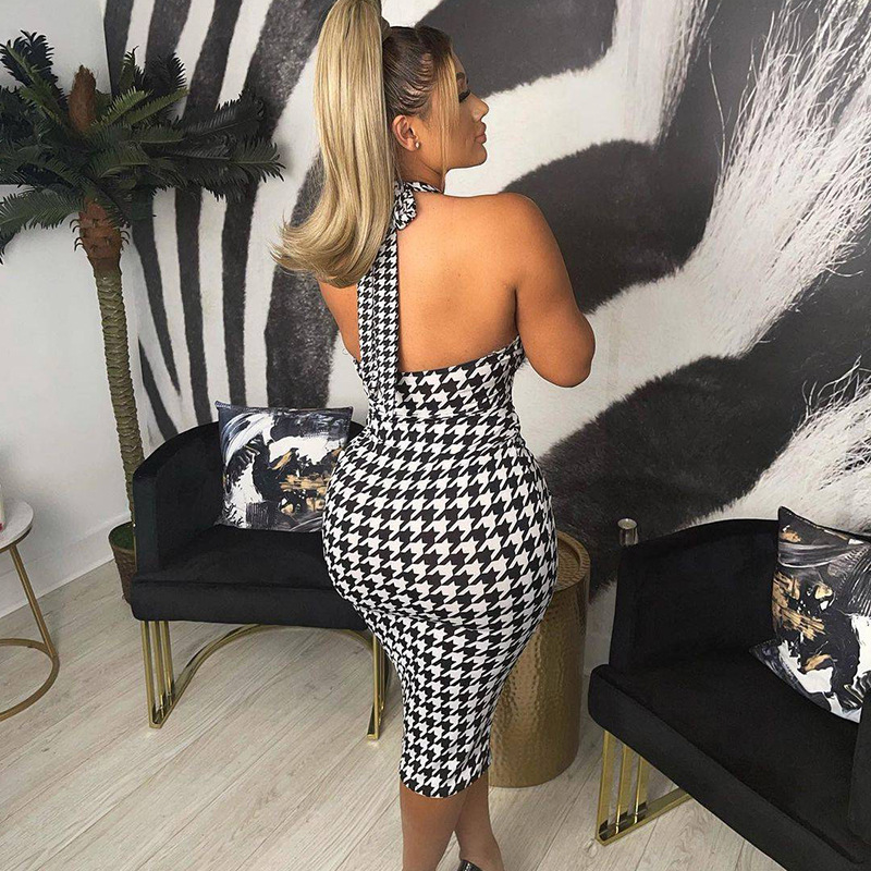 houndstooth print backless lace-up halter neck hollow dress NSJYF126364