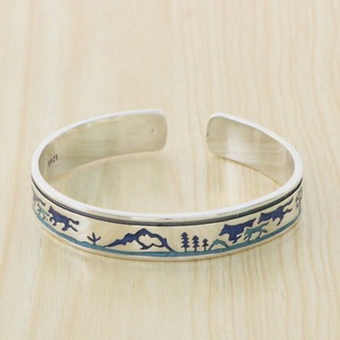 Student Accessories Seiko 925 Sterling Silver Wolf Group Open Bracelet Ins Trendy Literary Style Bracelet Men and Women Punk Style