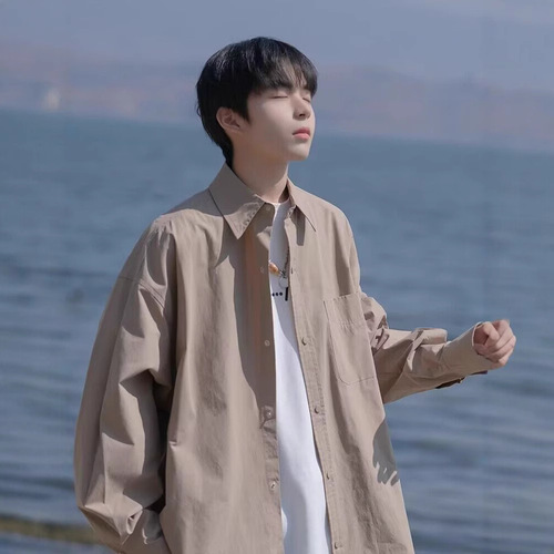 Black shirt, boys, summer, thin Japanese, solid color, long-sleeved shirt, high-end, fashionable, handsome coat, spring and autumn