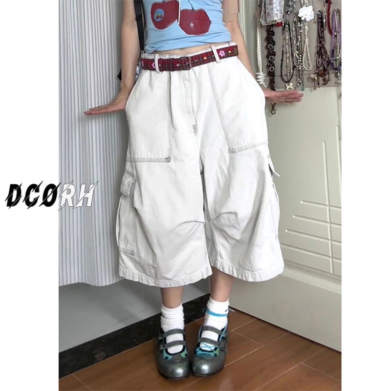 High Street Workwear Jeans for Women, Simple Cropped Commuter Wide-Leg Niche Pocket White American Design Large Medium Pants