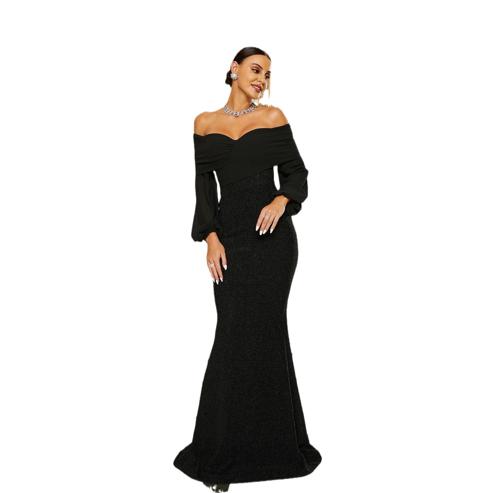 European And American Women's New High End Long Sleeved One Shoulder Off Shoulder Banquet Mermaid Evening Dress Bridesmaid Dress_ecoleips.com