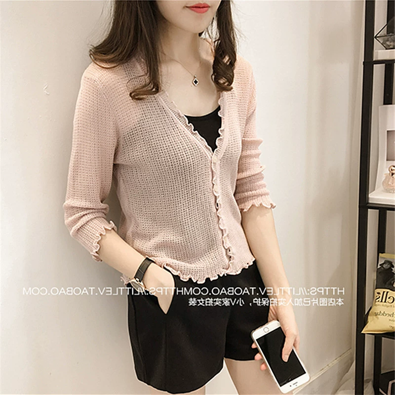 Тонкий короткий вязаный солнцезащитный кардиган с V-образным вырезом и рукавами с семью точками из дерева, рубашка для кондиционирования воздуха, пальто, Топ
