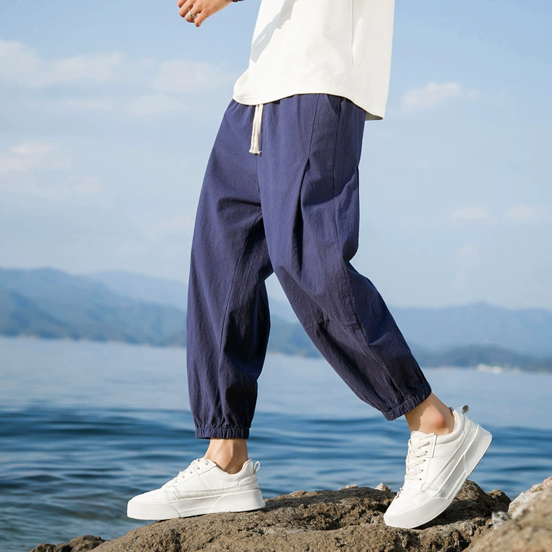 Льняные брюки Мужские укороченные брюки Летние тонкие дышащие хлопчатобумажные брюки Китайский стиль большой размер брюки харум