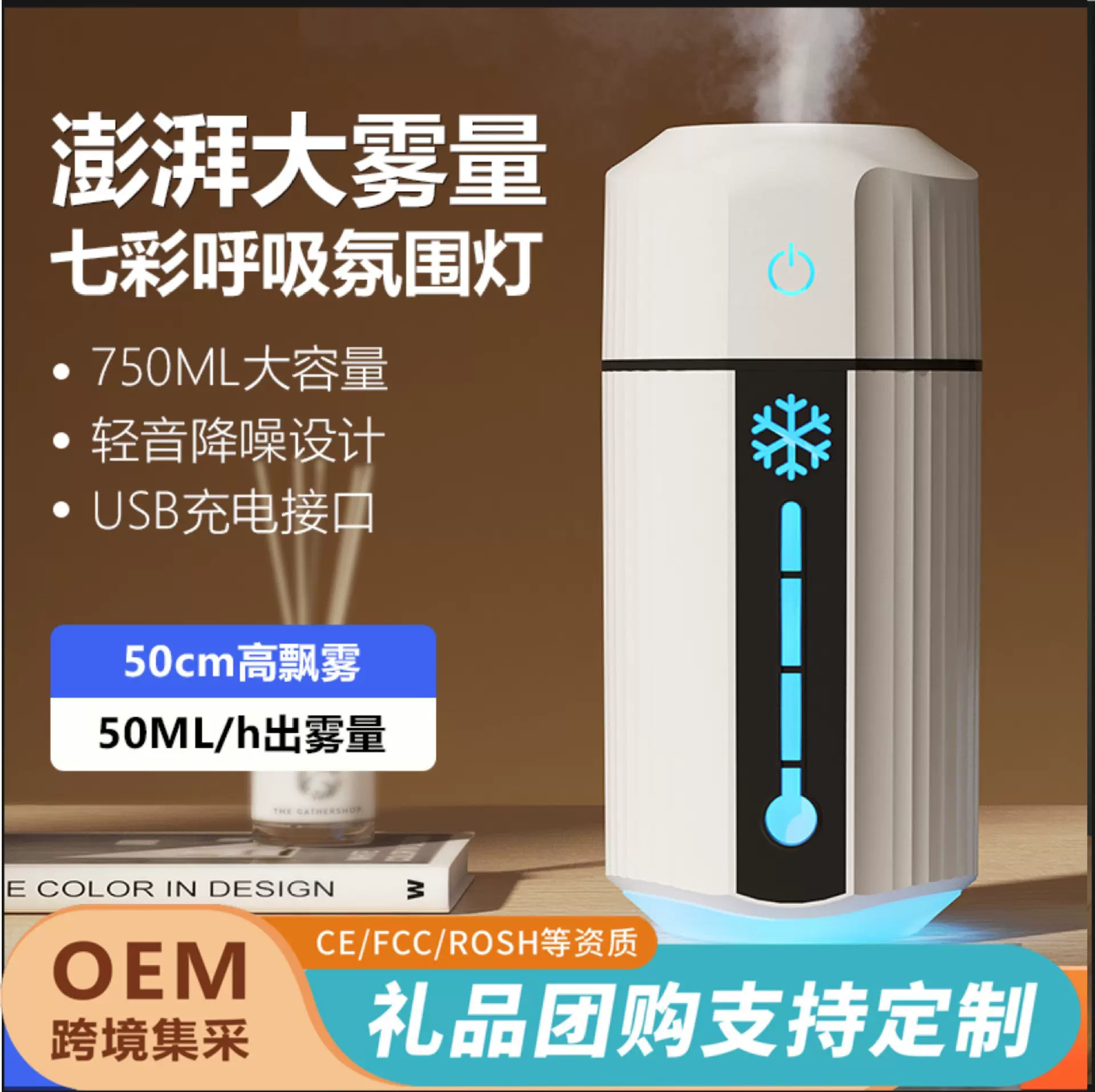 厂家定制跨境桌面加湿器家用卧室小型便携车载氛围灯喷雾空气加湿