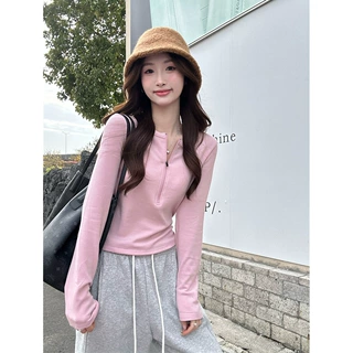 黑色磨毛半开领拉链长袖T恤女冬季内搭设计感修身显瘦打底衫上衣