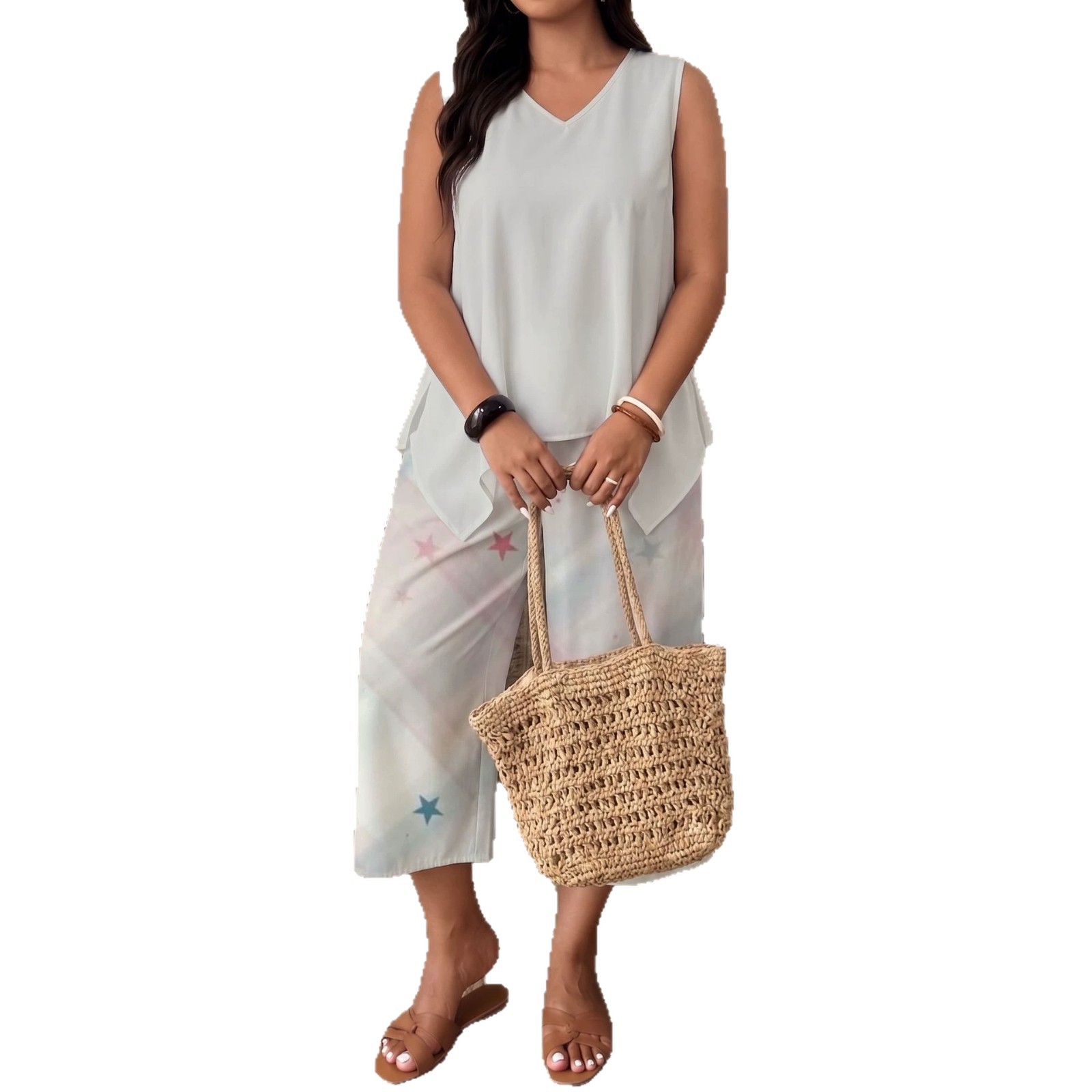 Original Women's Summer Outfit: Sleeveless V-neck Asymmetrical Top With Gradient Plaid And Star Print, Wide-leg_ecoleips.com