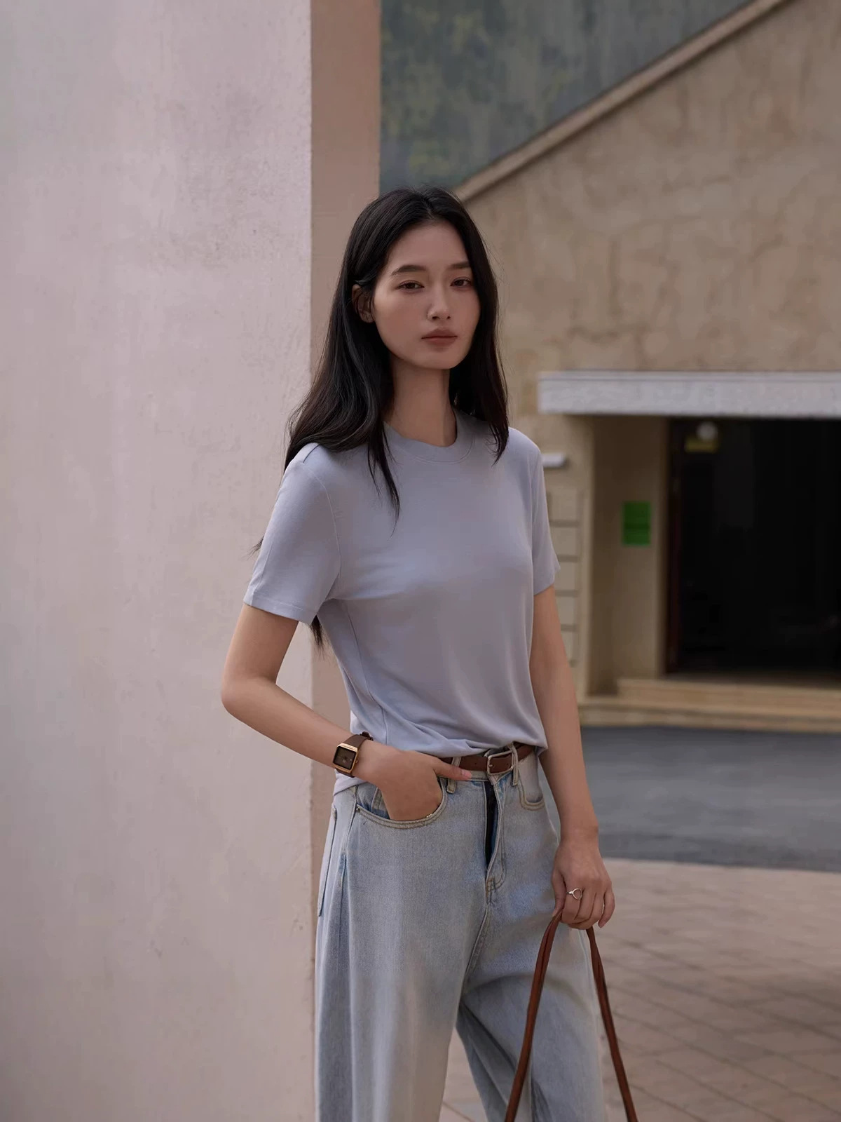 梵朵天丝莫代尔桑蚕丝短袖女夏季圆领羊毛外穿T恤修身显瘦百搭