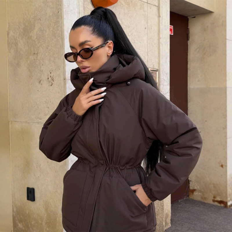 Fashionable and Casual Style Solid Color Hooded Long-Sleeve Waist-Cinching Cotton Jacket 2025 Autumn New Cross-Border European and American Style