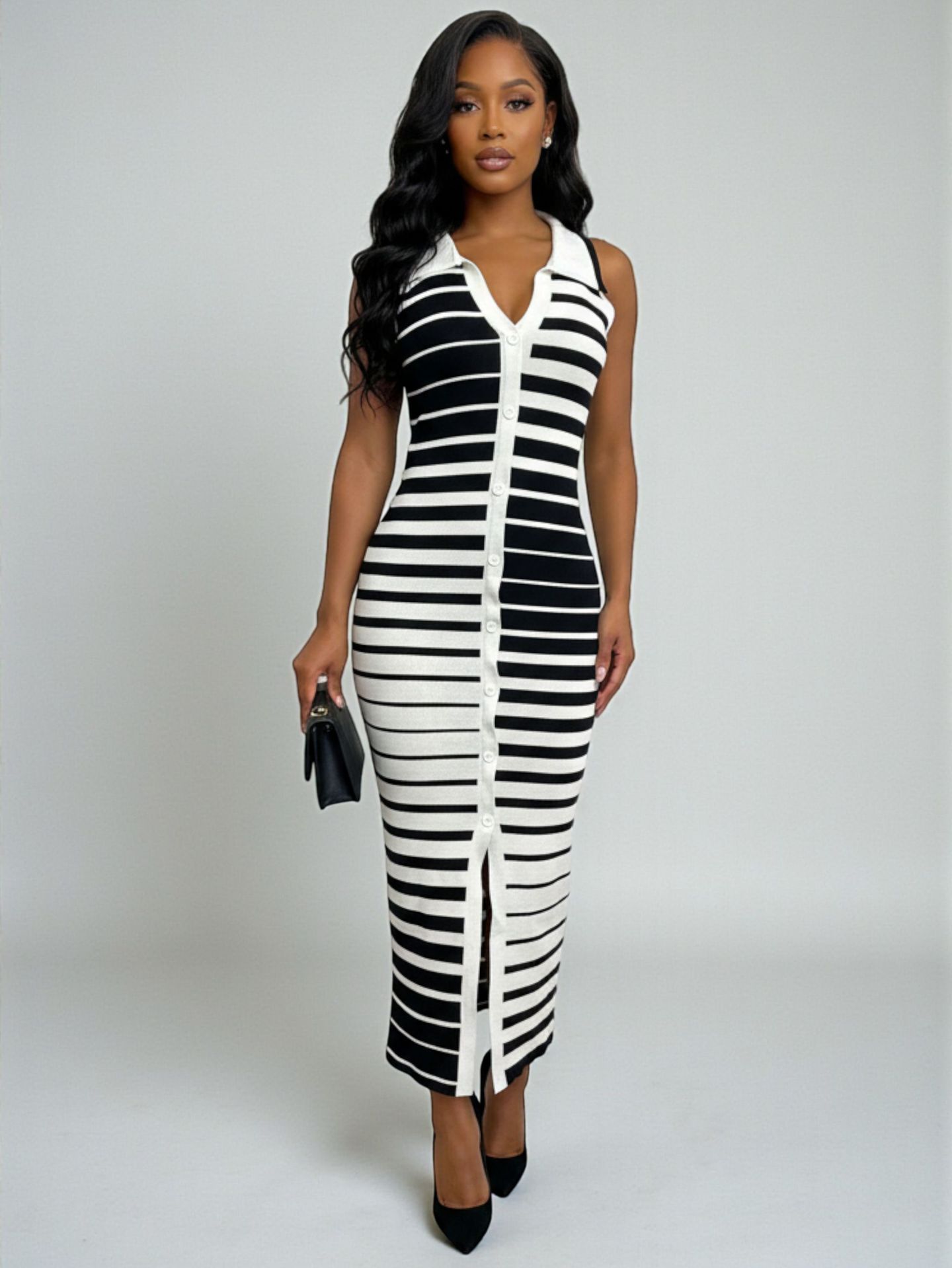 2026 Summer Women's African-Style Knit Dress With Black-White Gradient Stripes-Wholesale_ecoleips.com