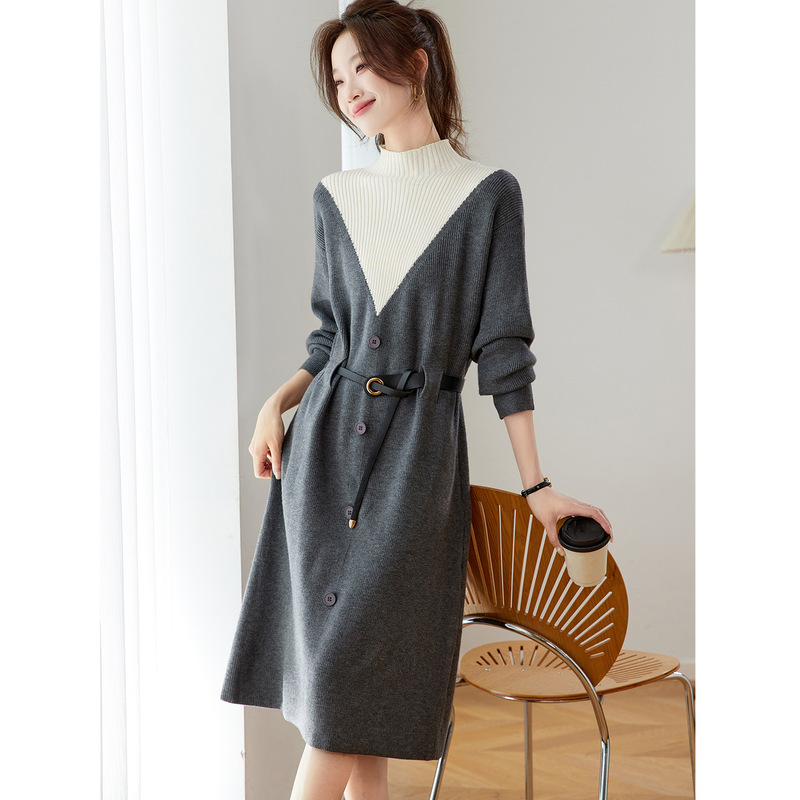 French-Style Color-Blocking Faux Two-Piece Knitted Dress for Women, Autumn and Winter Waist-Cinching Coat, Mid-Length Sweater with Base Skirt