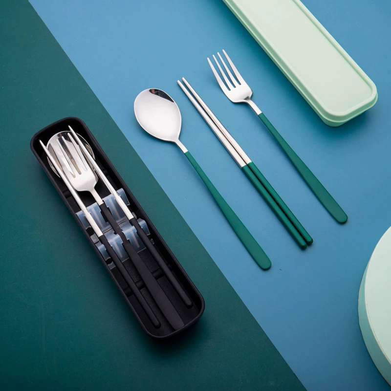 Spoon, chopsticks, fork, set stainless steel, handheld Korean tableware for elementary school students, storage system, 3 piece set