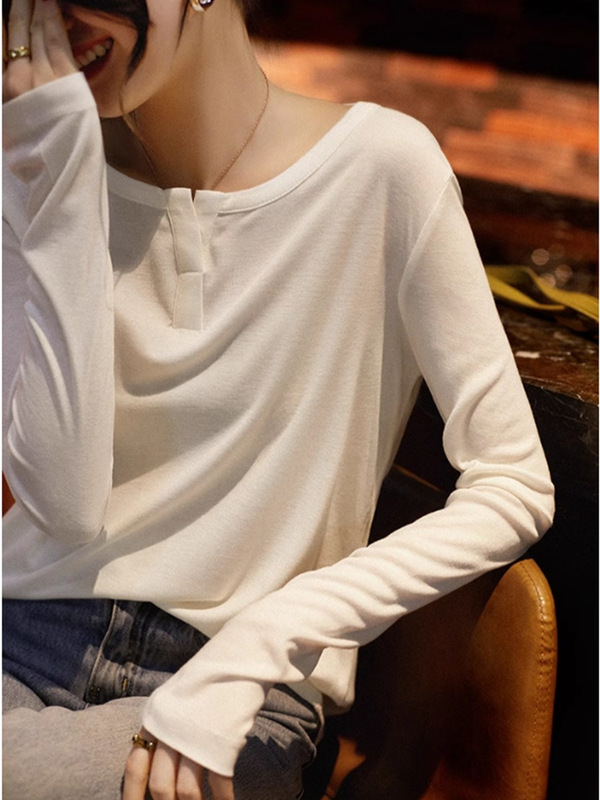 【撒银打底衫】四季可穿 莱赛尔蚕丝半开圆领T恤新款女装简约上衣|undefined