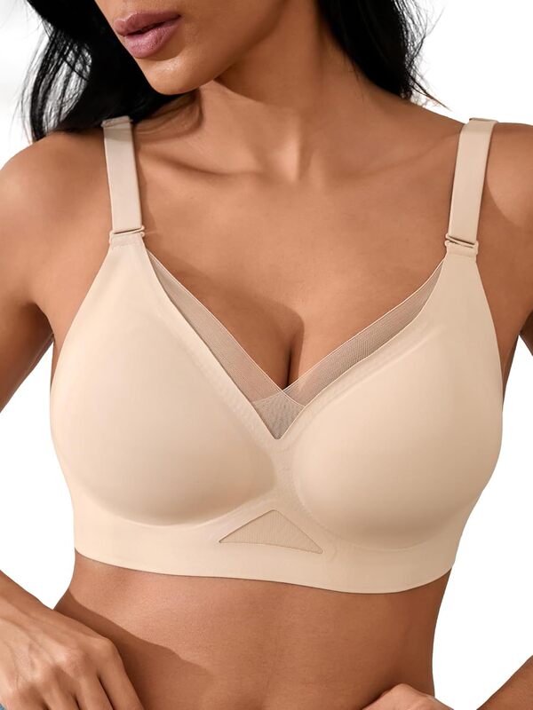 Cuteio Wireless Bra for Women, Seamless V Mesh Bra with Support, Everyday Full Coverage Plaid Bra
